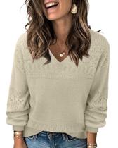 Suéter feminino Messic com decote em V, leve, bege, tamanho XXL Suéter feminino Messic com decote em V, leve, bege, tamanho XXL