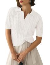 Suéter feminino Micoson, manga curta, lapela, decote em V, polo branco