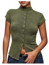 Suéter feminino Milumia, manga curta, tricotado, verde militar Suéter feminino Milumia, manga curta, tricotado, verde militar