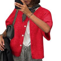 Suéter feminino Muineobuka de malha com botão e manga curta