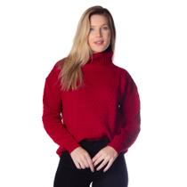 Suéter Feminino Oliveira Malhas com Gola Alta em Tricot Bordo