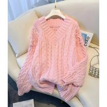 Suéter Feminino Oversized Rosa Com Decote Em V, Estilo Harajuku, Manga Longa, Casual De Inverno