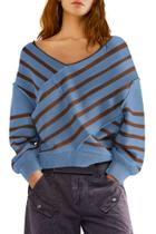 Suéter feminino Panadila, listrado sem ombros, decote em V, azul, GG Suéter feminino Panadila, listrado sem ombros, decote em V, azul, GG