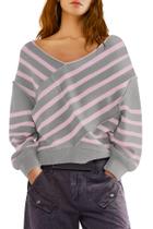 Suéter feminino Panadila, listrado sem ombros, decote em V, cinza, rosa Suéter feminino Panadila, listrado sem ombros, decote em V, cinza, rosa