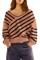 Suéter feminino Panadila, listrado sem ombros, decote em V, marrom, GG Suéter feminino Panadila, listrado sem ombros, decote em V, marrom, GG