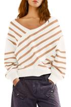 Suéter feminino Panadila, listrado sem ombros, decote em V, tricotado Suéter feminino Panadila, listrado sem ombros, decote em V, tricotado