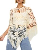 Suéter feminino Poncho LILTWIST com franjas e crochê oco