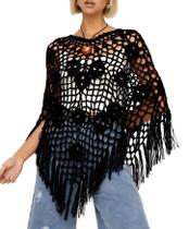 Suéter feminino Poncho LILTWIST com franjas e crochê oco