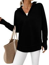 Suéter feminino PRETTYGARDEN com decote em V canelado preto