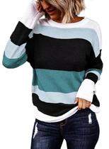 Suéter feminino QACOHU 2024, outono e inverno, listrado, gola redonda, cáqui Suéter feminino QACOHU 2024, outono e inverno, listrado, gola redonda, cáqui