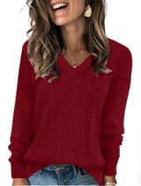 Suéter feminino SAMPEEL, manga comprida, decote em V, outono, inverno, bordô