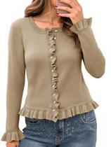 Suéter feminino Saodimallsu com babados, cáqui Suéter feminino Saodimallsu com babados, cáqui