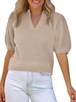Suéter feminino Saodimallsu de manga curta, malha waffle, decote em V, primavera, verão, cortado, moderno, camisas fofas, blusas, cáqui claro Suéter feminino Saodimallsu de manga curta, malha waffle, decote em V, primavera, verão, cortado, moderno, camisas fofas, blusas, cáqui claro