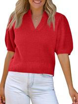 Suéter feminino Saodimallsu de manga curta, malha waffle, decote em V, primavera, verão, cortado, moderno, camisetas fofas, blusas vermelhas Suéter feminino Saodimallsu de manga curta, malha waffle, decote em V, primavera, verão, cortado, moderno, camisetas fofas, blusas vermelhas