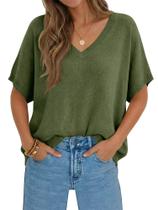 Suéter feminino Saodimallsu de tamanho grande com asa de morcego, manga curta e decote em V Suéter feminino Saodimallsu de tamanho grande com asa de morcego, manga curta e decote em V