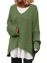 Suéter feminino Saodimallsu de tamanho grande com decote em V tricotado verde militar Suéter feminino Saodimallsu de tamanho grande com decote em V tricotado verde militar