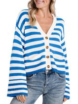 Suéter feminino Saodimallsu listrado azul de algodão Suéter feminino Saodimallsu listrado azul de algodão