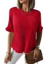 Suéter feminino Saodimallsu vermelho de manga curta com babados Suéter feminino Saodimallsu vermelho de manga curta com babados