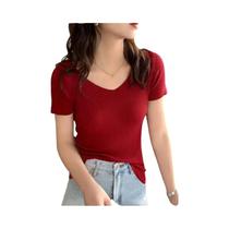 Suéter Feminino Slim Canelado com Decote V - Manga Curta - Bodycon Aossviao 2024