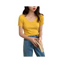 Suéter Feminino Slim De Malha Canelada Com Decote V E Manga Curta, Modelo Bodycon Básico Liso Para O