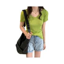 Suéter Feminino Slim De Malha Canelada Com Decote V E Manga Curta, Modelo Bodycon Básico Liso Para O