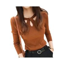 Suéter Feminino Slim Fit Com Decote Redondo E Detalhes Vazados Em Cor Sólida, Pullover Para