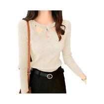 Suéter Feminino Slim Fit Com Decote Redondo E Detalhes Vazados Em Cor Sólida, Pullover Para Suéter Feminino Slim Fit Com Decote Redondo E Detalhes Vazados Em Cor Sólida, Pullover Para