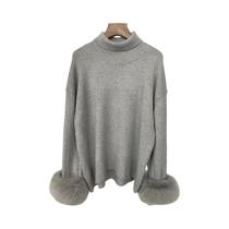 Suéter Feminino Slim Fit Com Mangas De Pele De Raposa Moda Outono Inverno Estilo Inglês