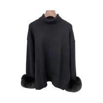 Suéter Feminino Slim Fit Com Mangas De Pele De Raposa Moda Outono Inverno Estilo Inglês