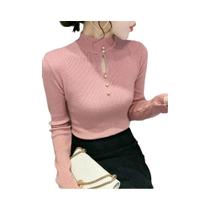 Suéter Feminino Slim Fit De Gola Alta Com Mangas Longas E Detalhes Vazados, Estilo Coreano Para Suéter Feminino Slim Fit De Gola Alta Com Mangas Longas E Detalhes Vazados, Estilo Coreano Para