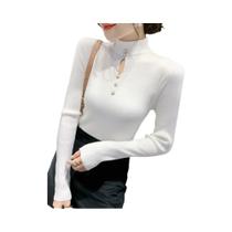 Suéter Feminino Slim Fit De Gola Alta Com Mangas Longas E Detalhes Vazados, Estilo Coreano Para Suéter Feminino Slim Fit De Gola Alta Com Mangas Longas E Detalhes Vazados, Estilo Coreano Para