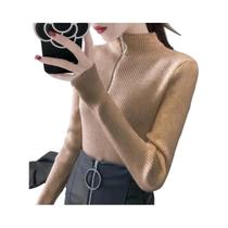 Suéter Feminino Slim Fit De Gola Alta Com Zíper, Pullover De Tricô Para Outono E Inverno, Top Básico