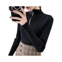Suéter Feminino Slim Fit De Gola Alta Com Zíper, Pullover De Tricô Para Outono E Inverno, Top Básico