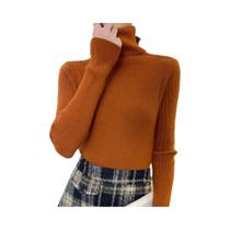Suéter Feminino Slim Fit De Gola Alta, Manga Longa, Estilo Coreano, Top Básico Em Cor Sólida
