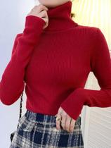 Suéter Feminino Slim Fit De Gola Alta, Manga Longa, Estilo Coreano, Top Básico Em Cor Sólida