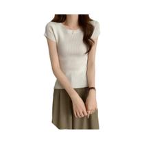 Suéter Feminino Slim Fit De Malha Canelada Com Gola Redonda E Manga Curta Para O Verão