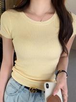 Suéter Feminino Slim Fit De Malha Canellada Com Decote Redondo, Pulôver De Verão De Manga Curta