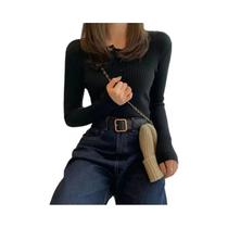 Suéter Feminino Slim Fit De Tricô Com Botões E Gola O, Pulôver Listrado Sólido Para Primavera E