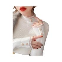 Suéter Feminino Slim Fit De Tricô Com Gola O E Botões, Pulôver Sólido Com Renda Para Primavera E