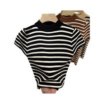Suéter Feminino Slim Fit Listrado Com Gola Alta E Manga Curta Para Primavera E Outono Suéter Feminino Slim Fit Listrado Com Gola Alta E Manga Curta Para Primavera E Outono