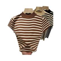 Suéter Feminino Slim Fit Listrado Com Gola Alta E Manga Curta Para Primavera E Outono - NONE