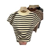 Suéter Feminino Slim Fit Listrado Com Gola Alta E Manga Curta Para Primavera E Outono Suéter Feminino Slim Fit Listrado Com Gola Alta E Manga Curta Para Primavera E Outono