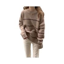Suéter Feminino Solto Com Listras E Gola O, Estilo Coreano, Manga Longa, Casual, Outono/Inverno