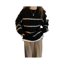 Suéter Feminino Solto Com Listras E Gola O, Estilo Coreano, Manga Longa, Casual, Outono/Inverno Suéter Feminino Solto Com Listras E Gola O, Estilo Coreano, Manga Longa, Casual, Outono/Inverno