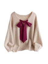 Suéter feminino SOLY HUX, tamanho grande, decote em V, laço tricotado, damasco