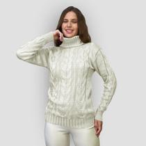 Suéter Feminino Tricô Gola Alta Trançado Casual Inverno