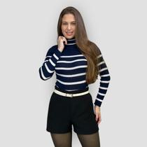 Suéter Feminino Tricot Canelado Listrado Manga Longa Básica