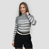 Suéter Feminino Tricot Canelado Listrado Manga Longa Básica Suéter Feminino Tricot Canelado Listrado Manga Longa Básica