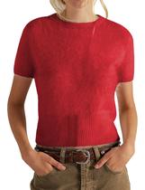 Suéter feminino Vimida, felpudo, manga curta, peludo, vermelho, tamanho XS