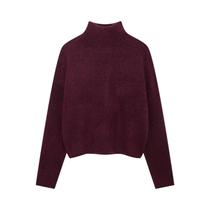 Suéter Feminino Vintage Borgonha De Gola Alta Manga Longa Tricô Quente Outono Inverno Liso - HH
